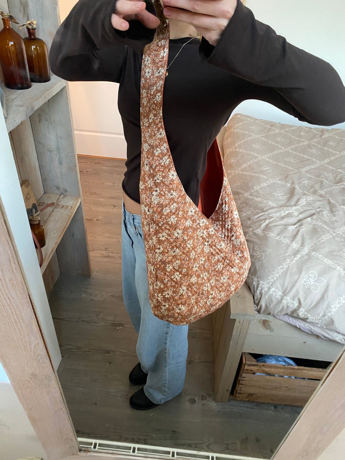 Reversible slouch bag - Flowers x orange suede