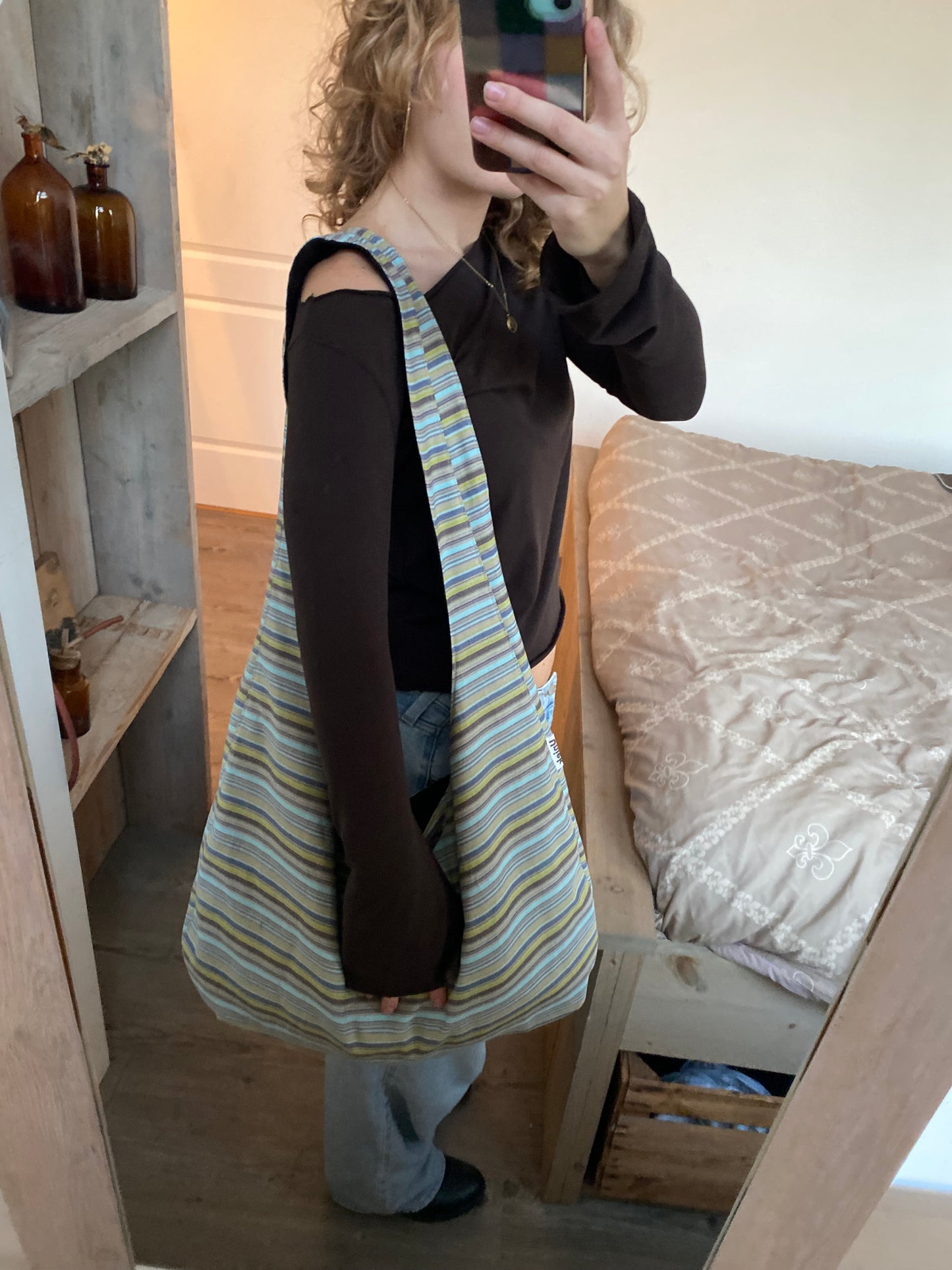 Reversible slouch bag - Striped x black flowers