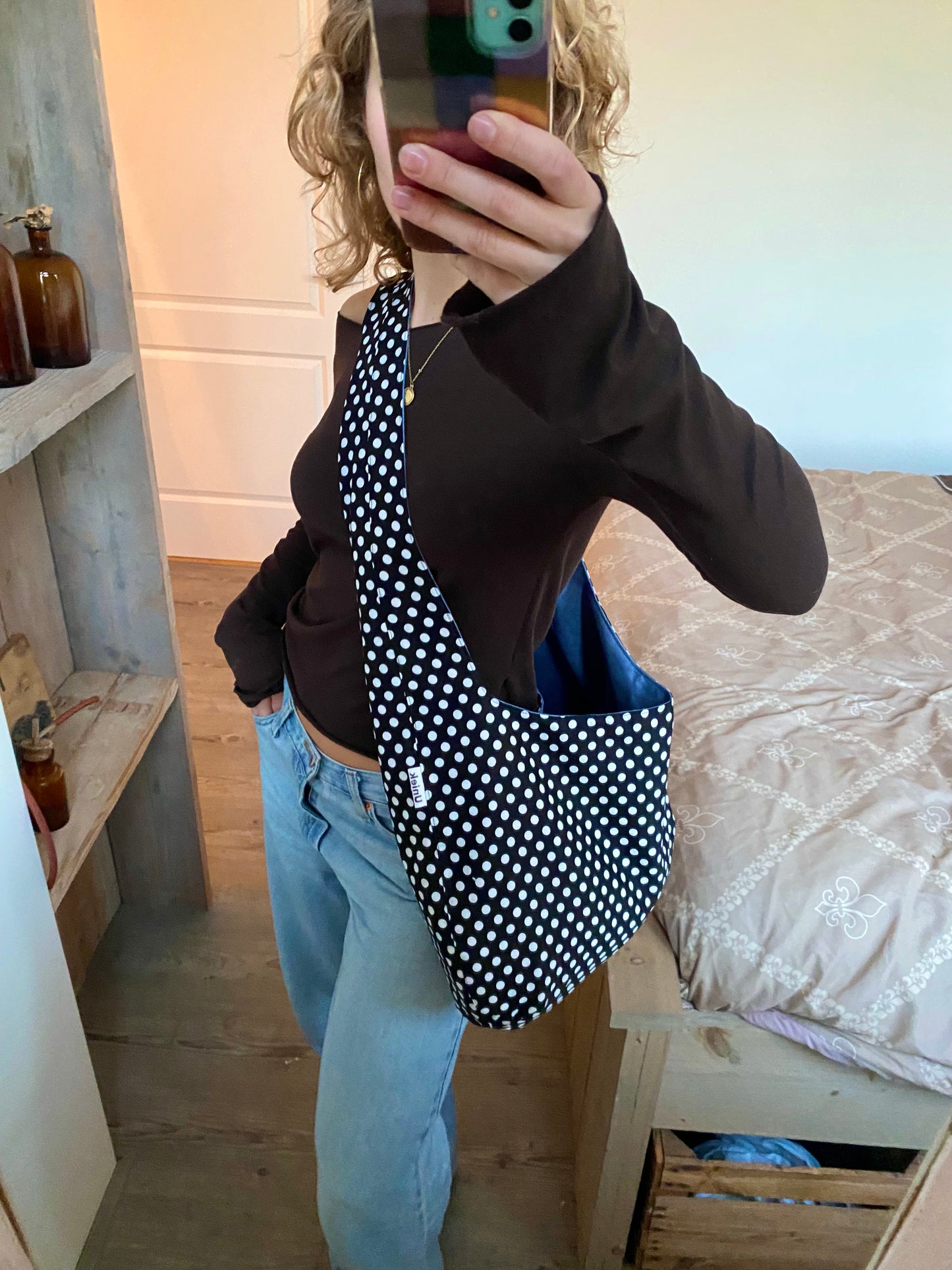 Reversible slouch bag - Polka dot x blue suede
