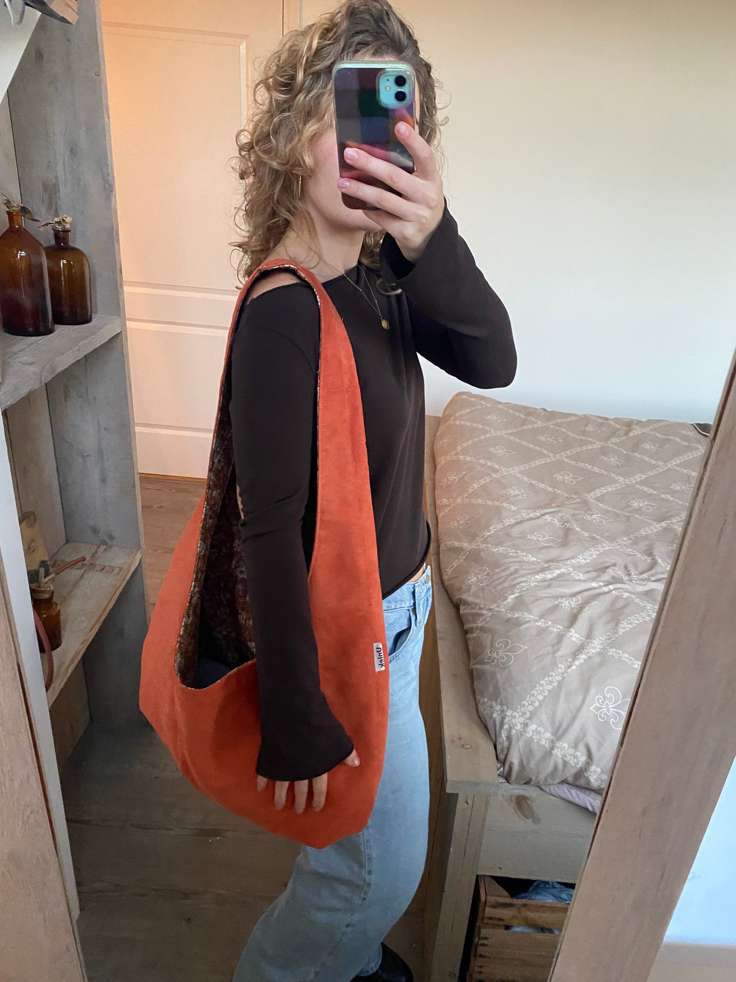 Reversible slouch bag - Flowers x orange suede