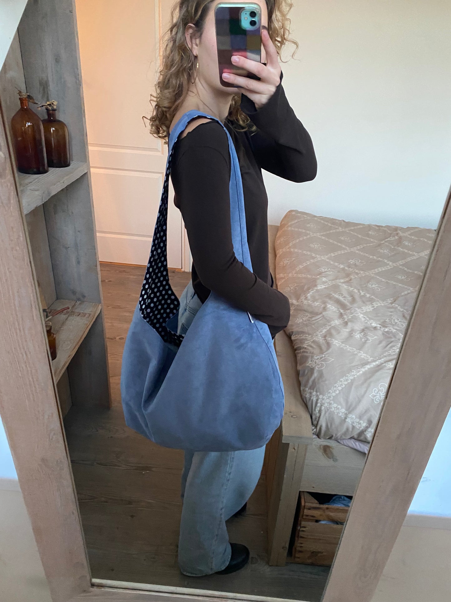 Reversible slouch bag - Polka dot x blue suede