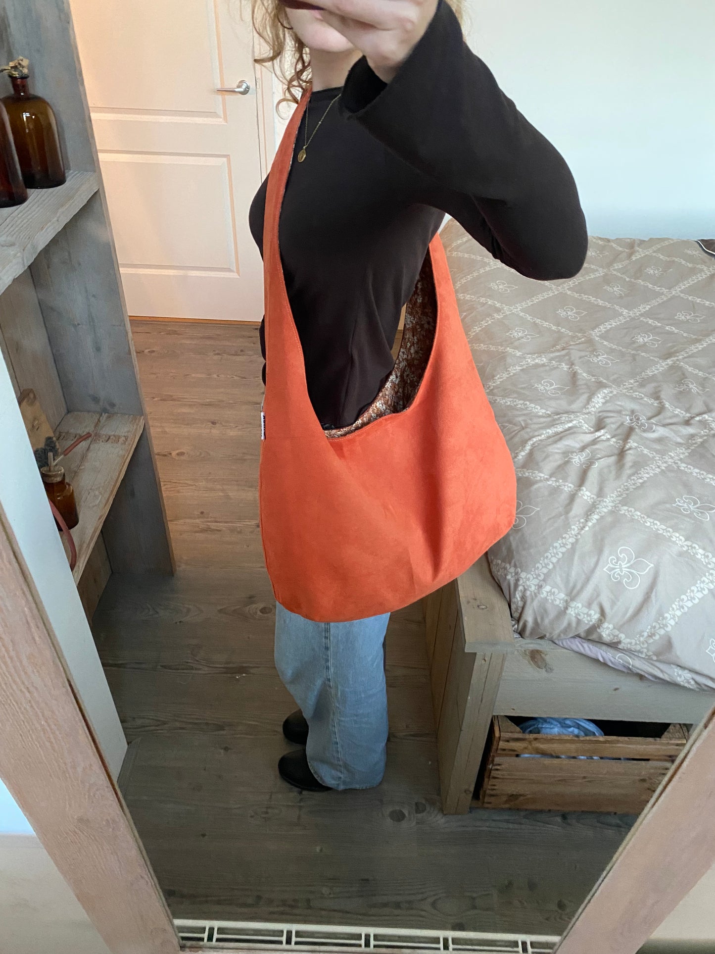 Reversible slouch bag - Flowers x orange suede
