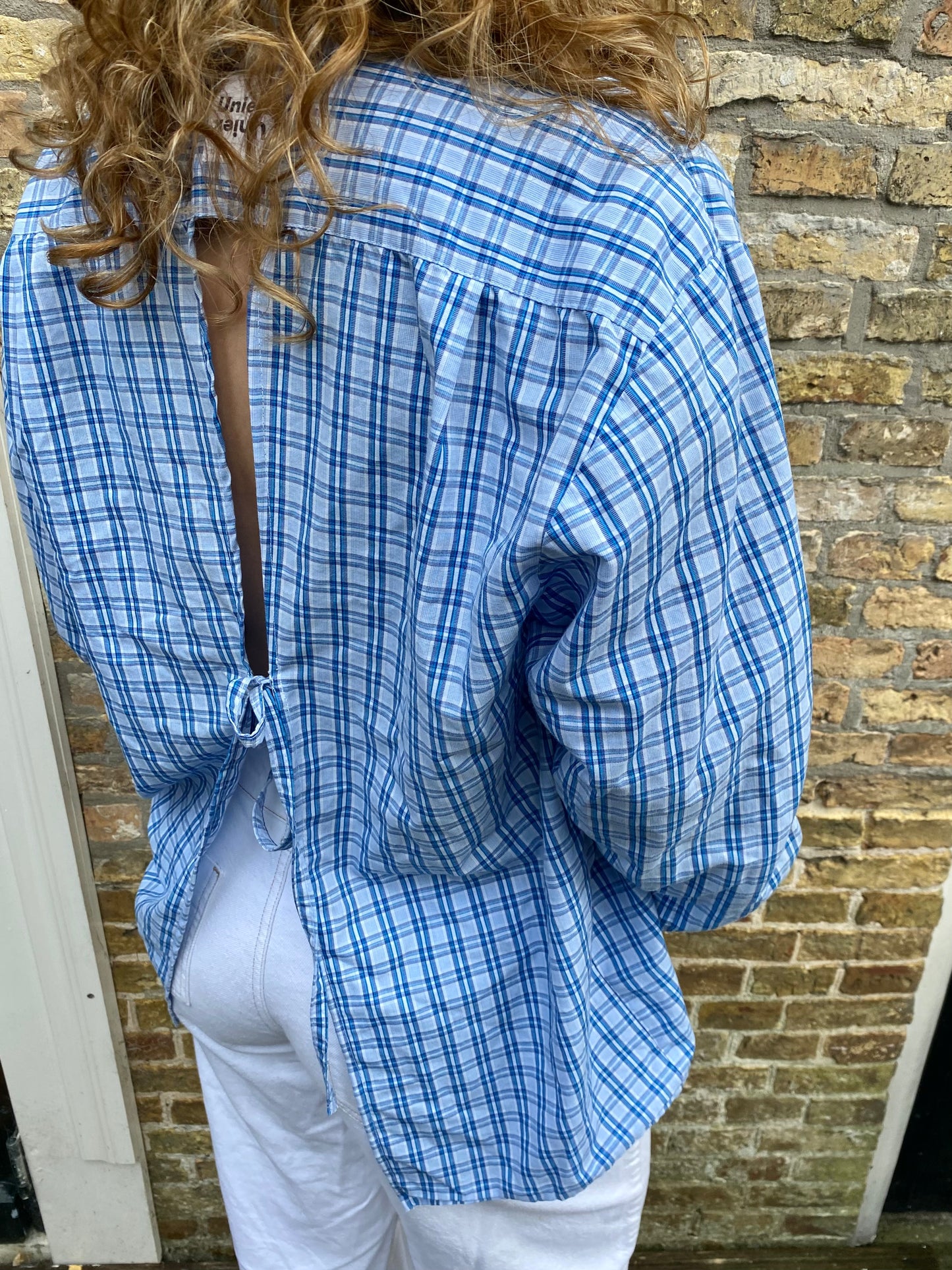 Upcycled blouse - Checkered Blue