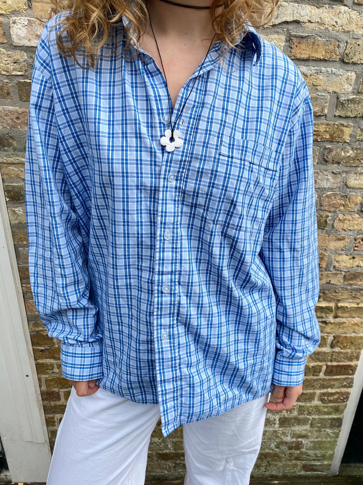 Upcycled blouse - Checkered Blue