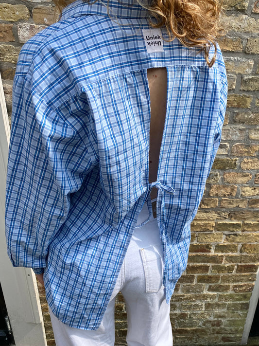 Upcycled blouse - Checkered Blue